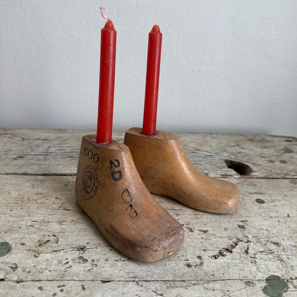Vintage Morton Last Co Wood‎ Shoe Form Candle Holders Cincinnati Industrial Pair